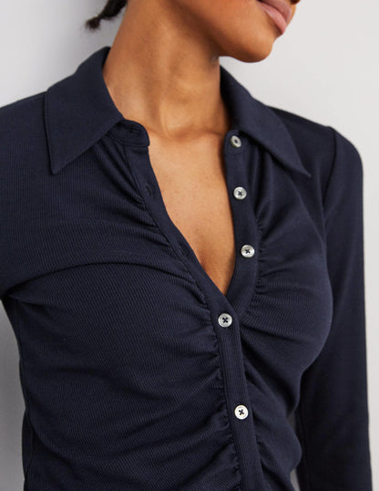 Ruched Front Jersey Shirt-Navy-2