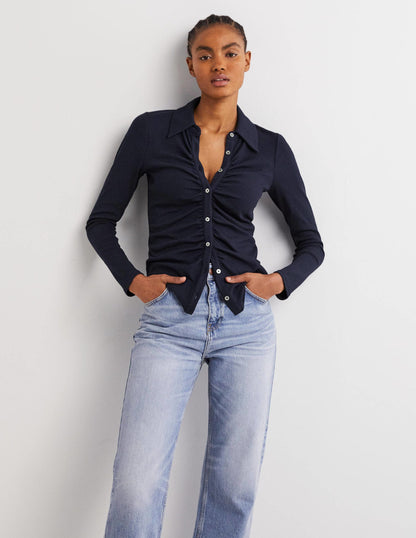 Ruched Front Jersey Shirt-Navy-4