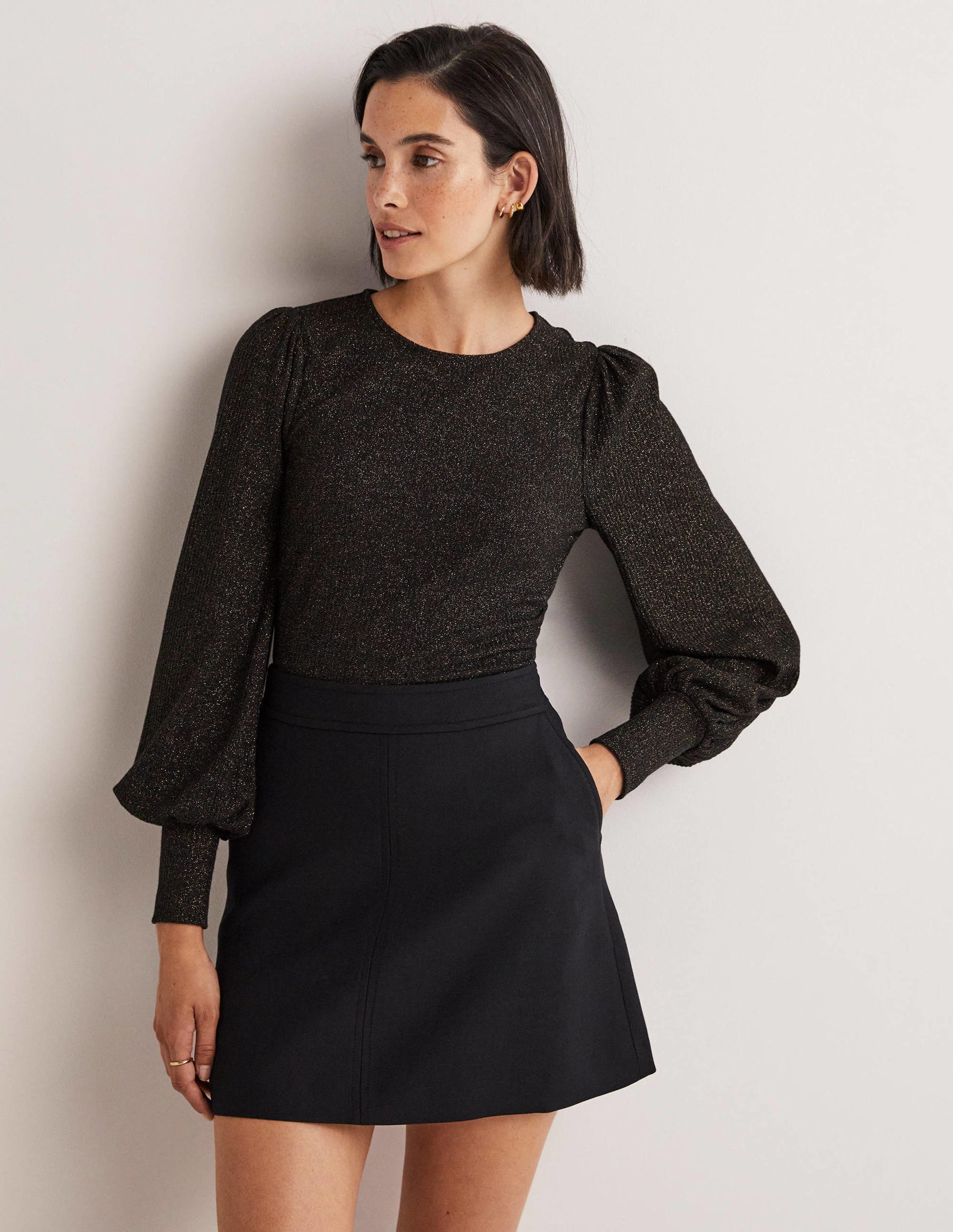 Metallic Blouson Sleeve Top-Black/Gold Sparkle-1