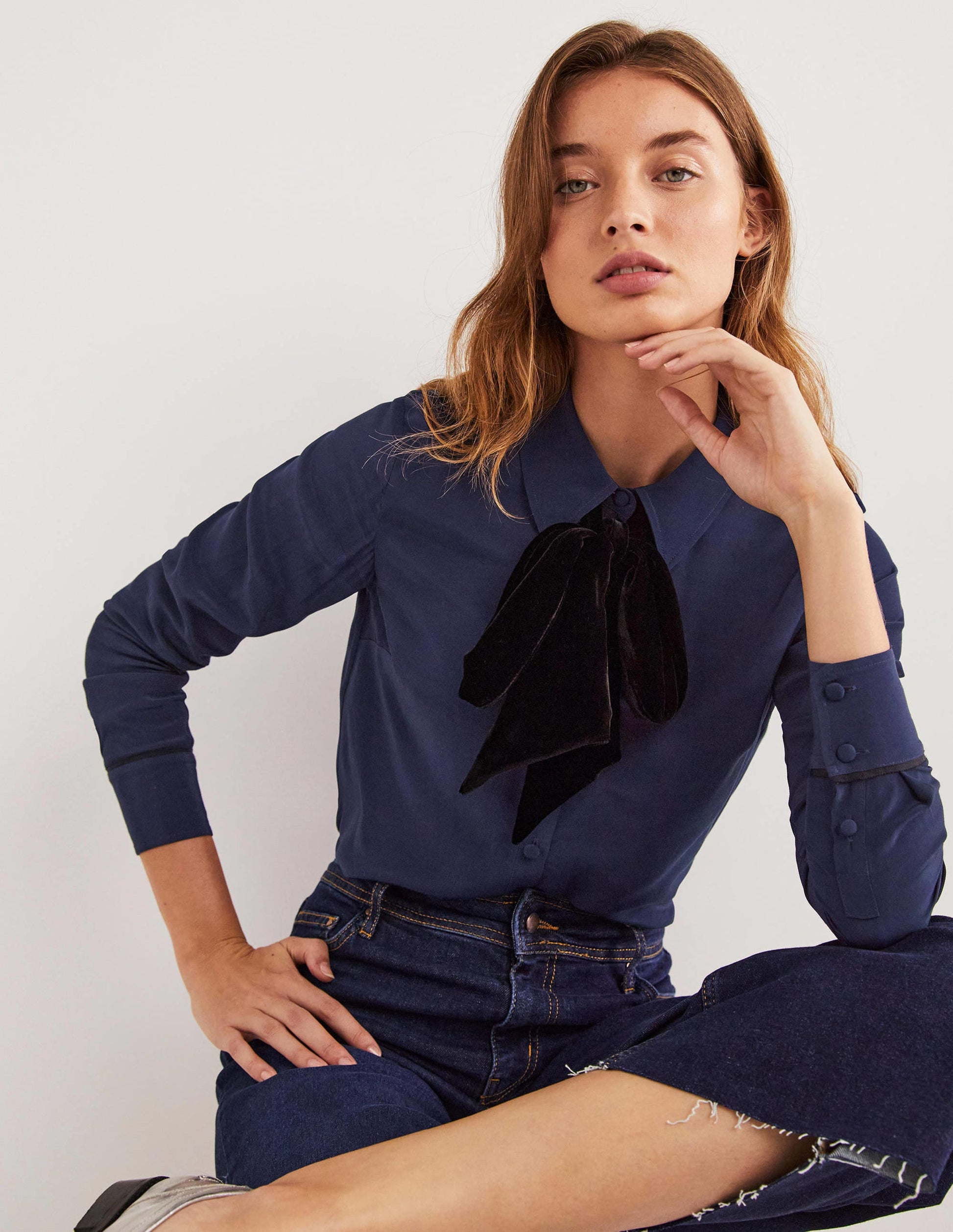 Bow Detail Classic Shirt-Navy-1