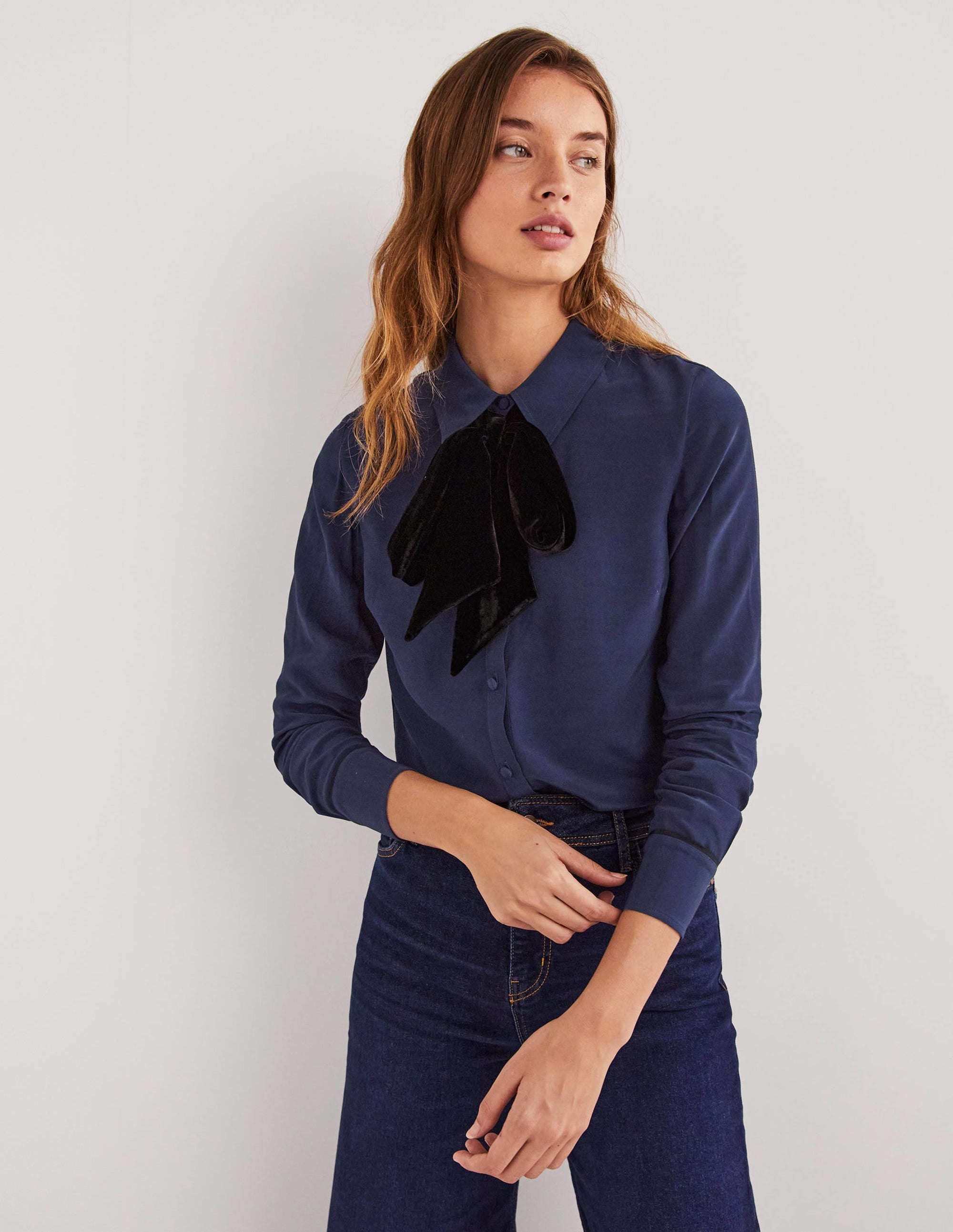 Bow Detail Classic Shirt-Navy - Image 4