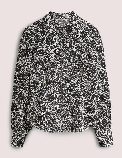 Dart Detail Fitted Shirt-Black, Foliage Bloom-5