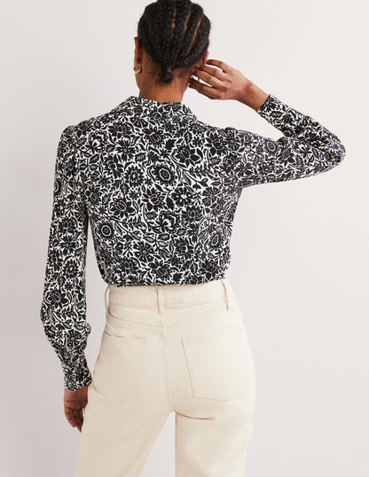 Dart Detail Fitted Shirt-Black, Foliage Bloom-4