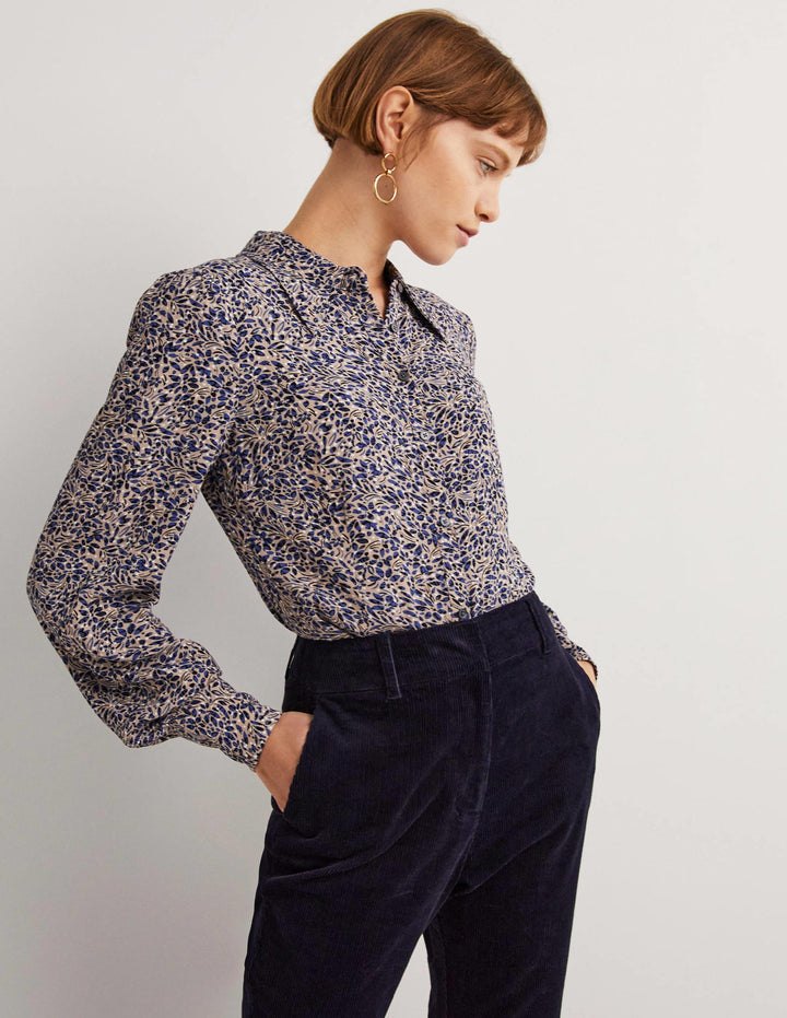 Dart Detail Fitted Shirt-Persian Blue, Leaf Cluster
