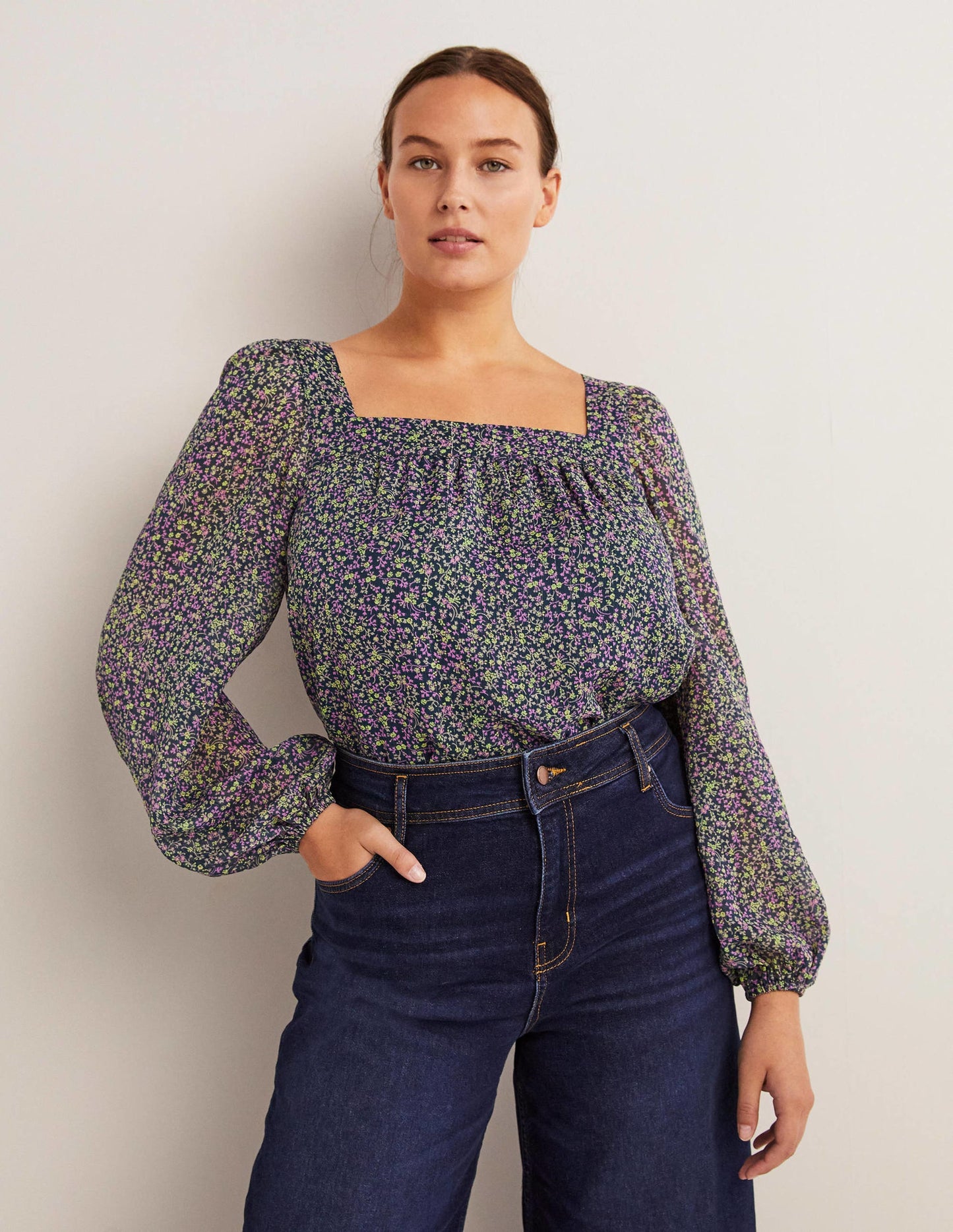 Square Neck Printed Top-Seaweed, Wild Vine
