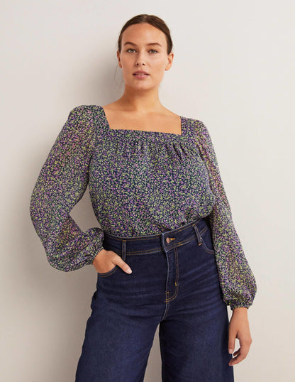 Square Neck Printed Top-Seaweed, Wild Vine-1