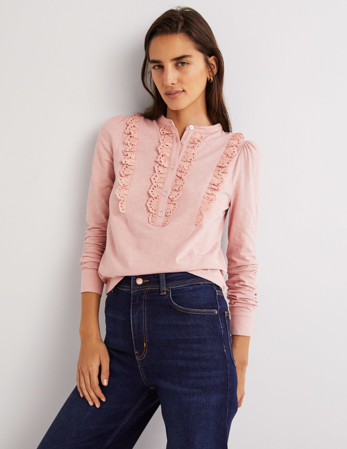 Broderie Ruffle Jersey Top-Milkshake Pink