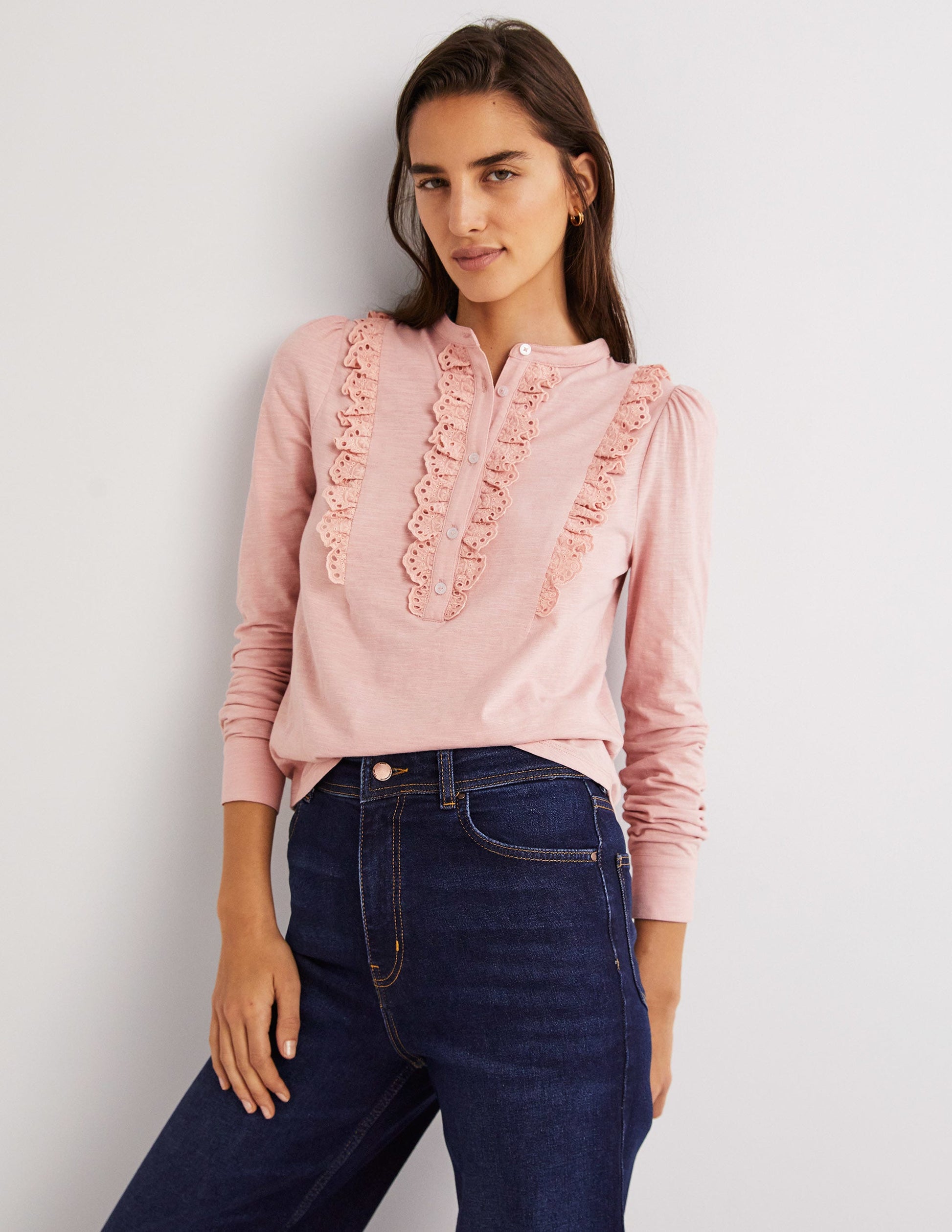 Broderie Ruffle Jersey Top-Milkshake Pink-1