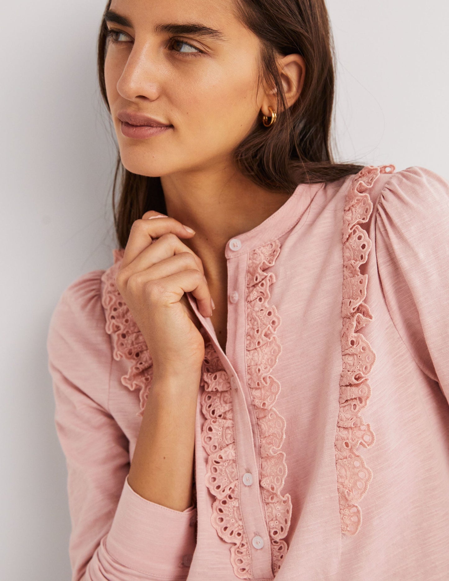 Broderie Ruffle Jersey Top-Milkshake Pink