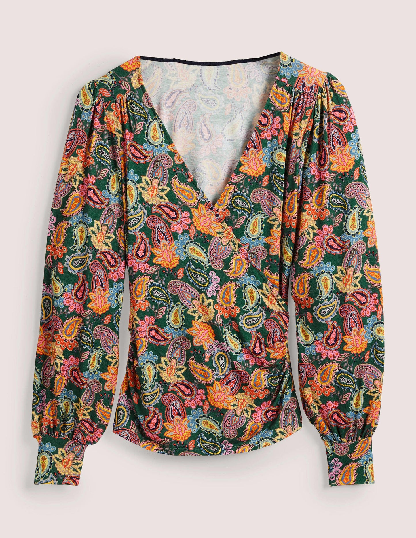 Blouson Wrap Top-Trekking Green, Paisley Charm