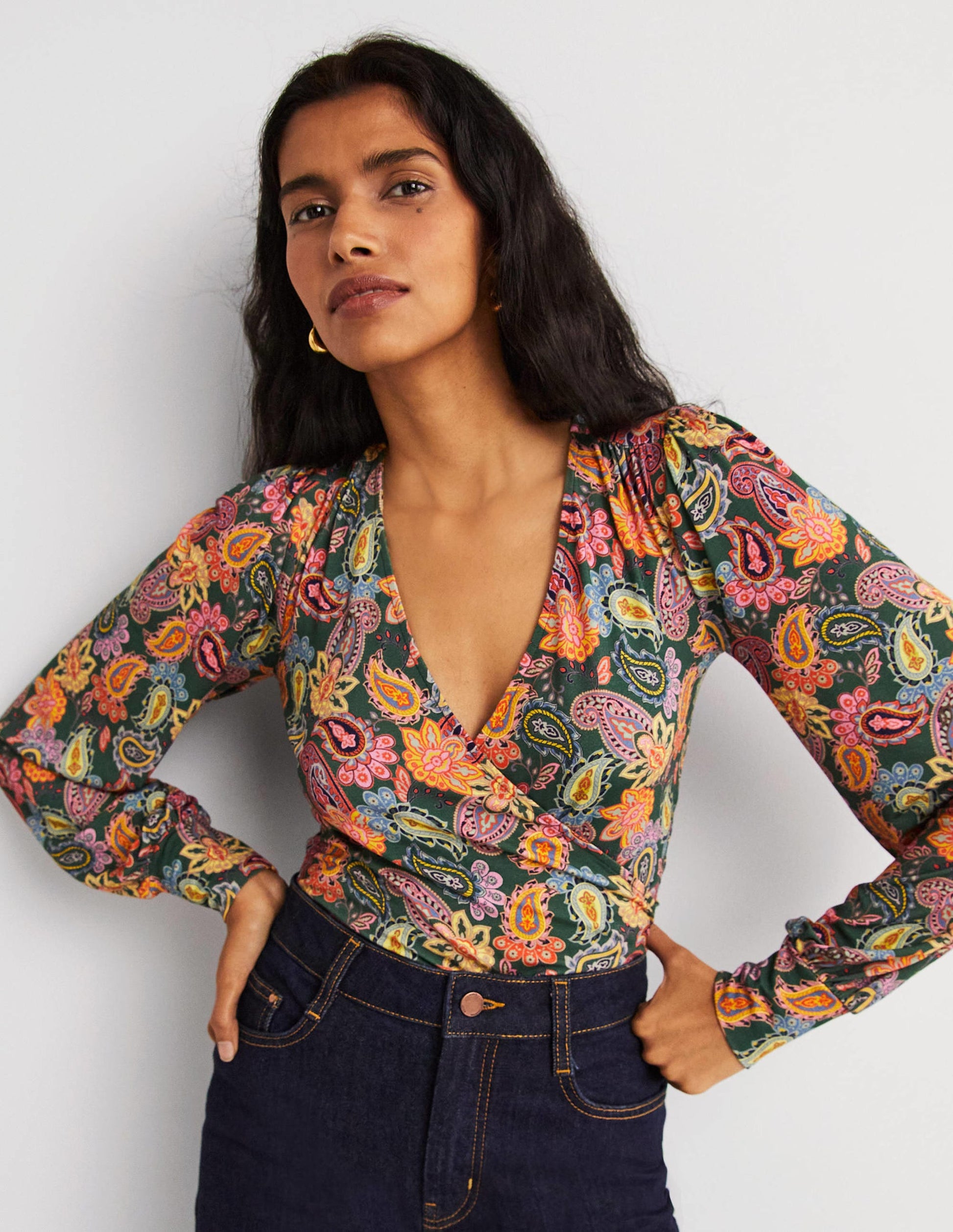 Blouson Wrap Top-Trekking Green, Paisley Charm-1