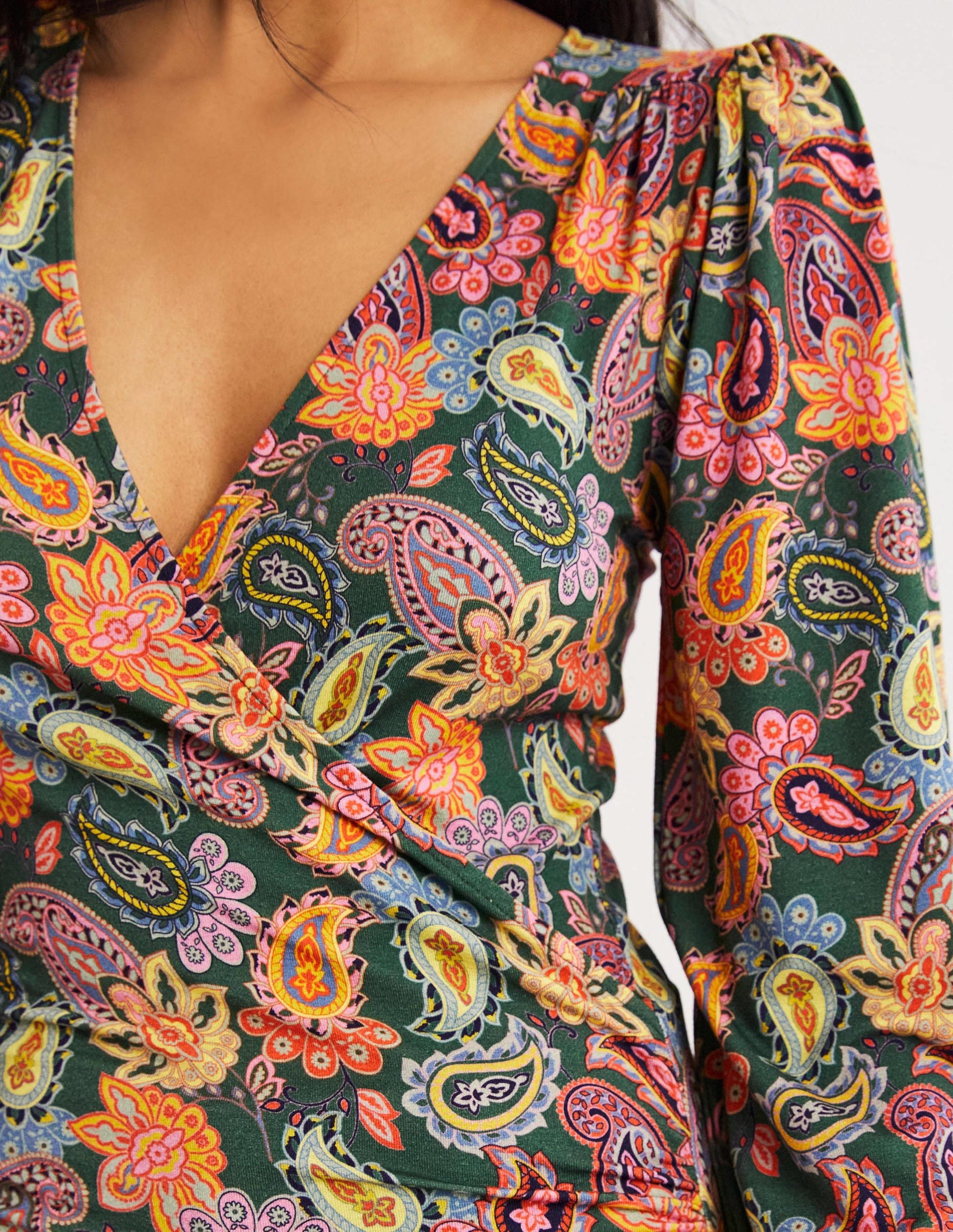 Blouson Wrap Top-Trekking Green, Paisley Charm-2