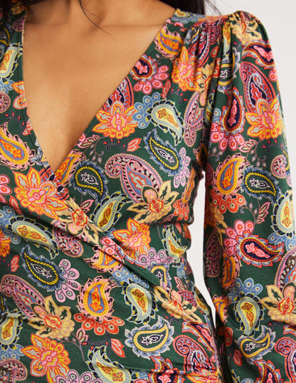 Blouson Wrap Top-Trekking Green, Paisley Charm-2