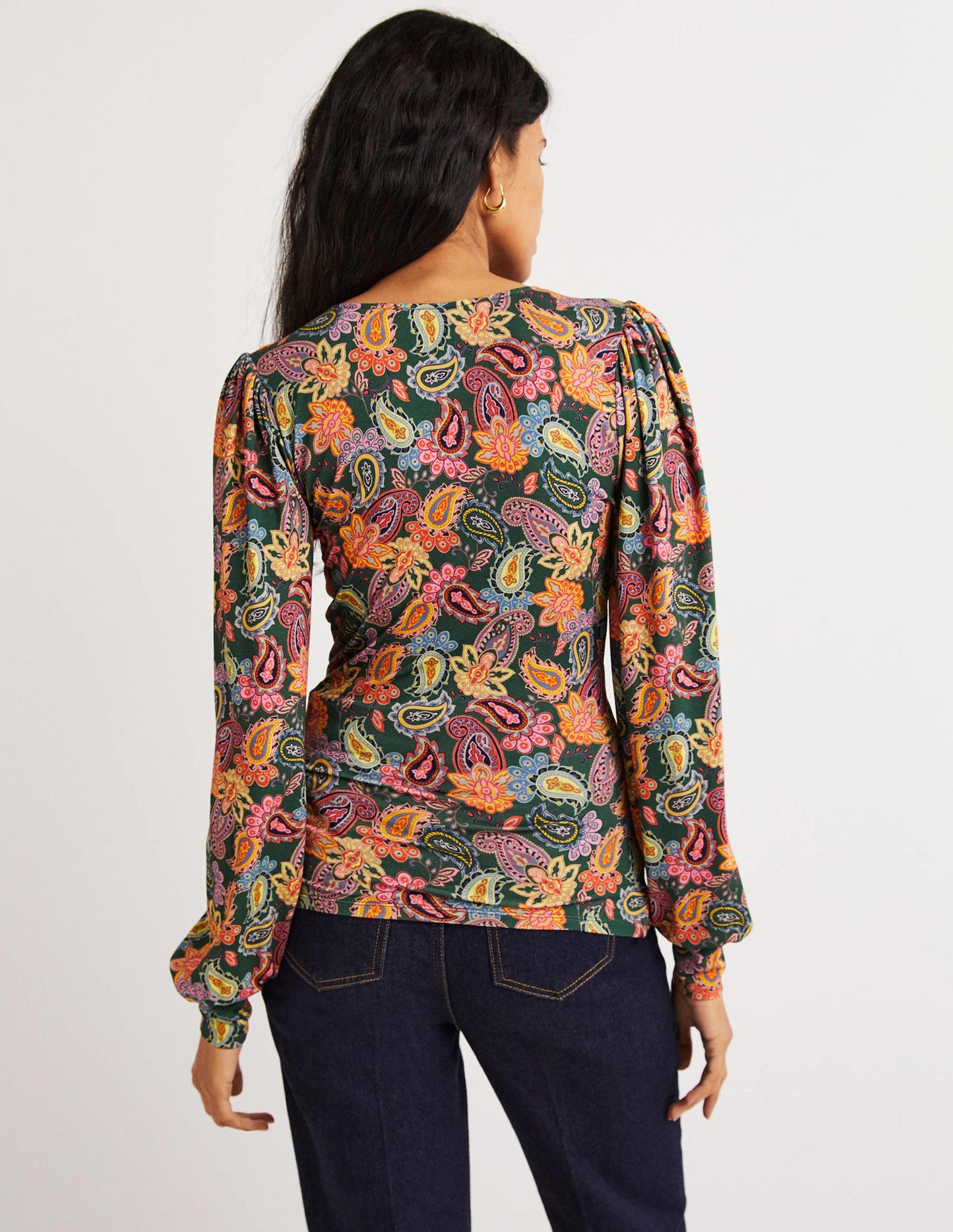 Blouson Wrap Top-Trekking Green, Paisley Charm