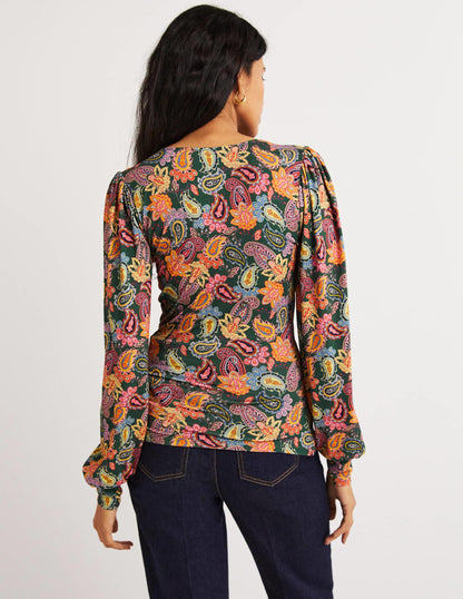 Blouson Wrap Top-Trekking Green, Paisley Charm-3