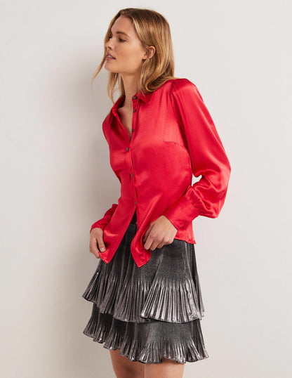 Dart Detail Satin Fitted Shirt-Strawberry Tart Red-1
