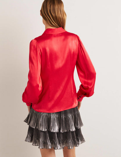 Dart Detail Satin Fitted Shirt-Strawberry Tart Red-3