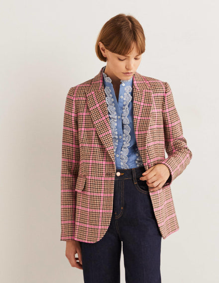 70s Tailored Blazer-Brown and Pink Check