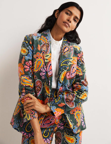 70s Tailored Blazer-Trekking Green, Paisley Charm