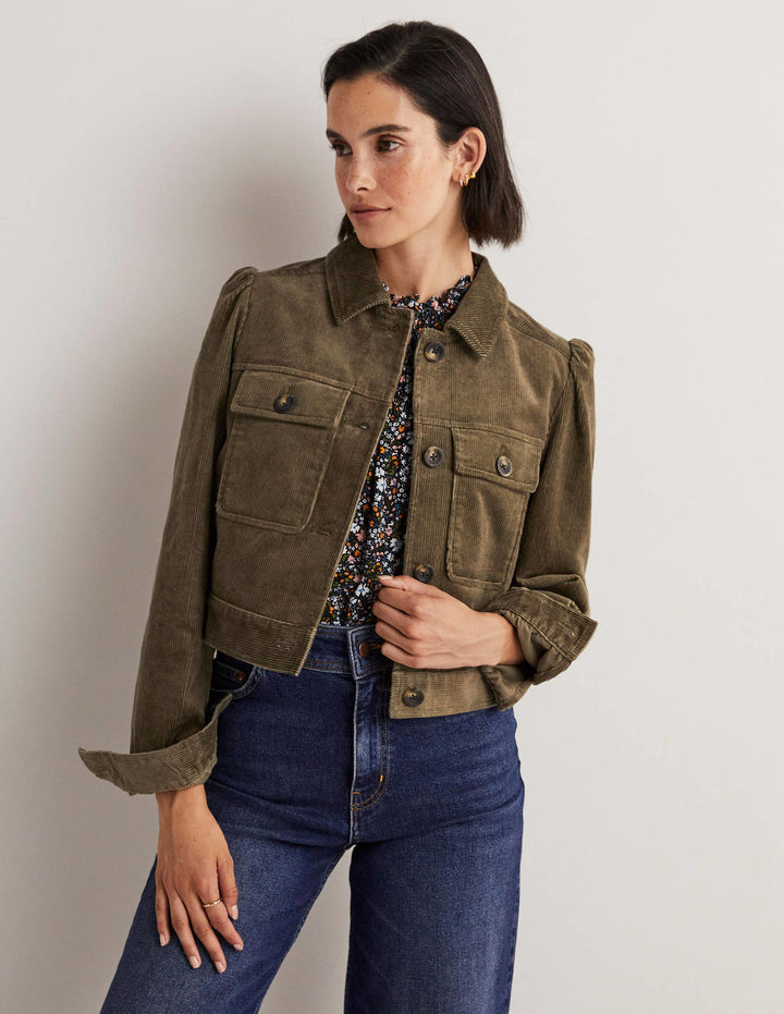 Cropped Cord Jacket-Khaki