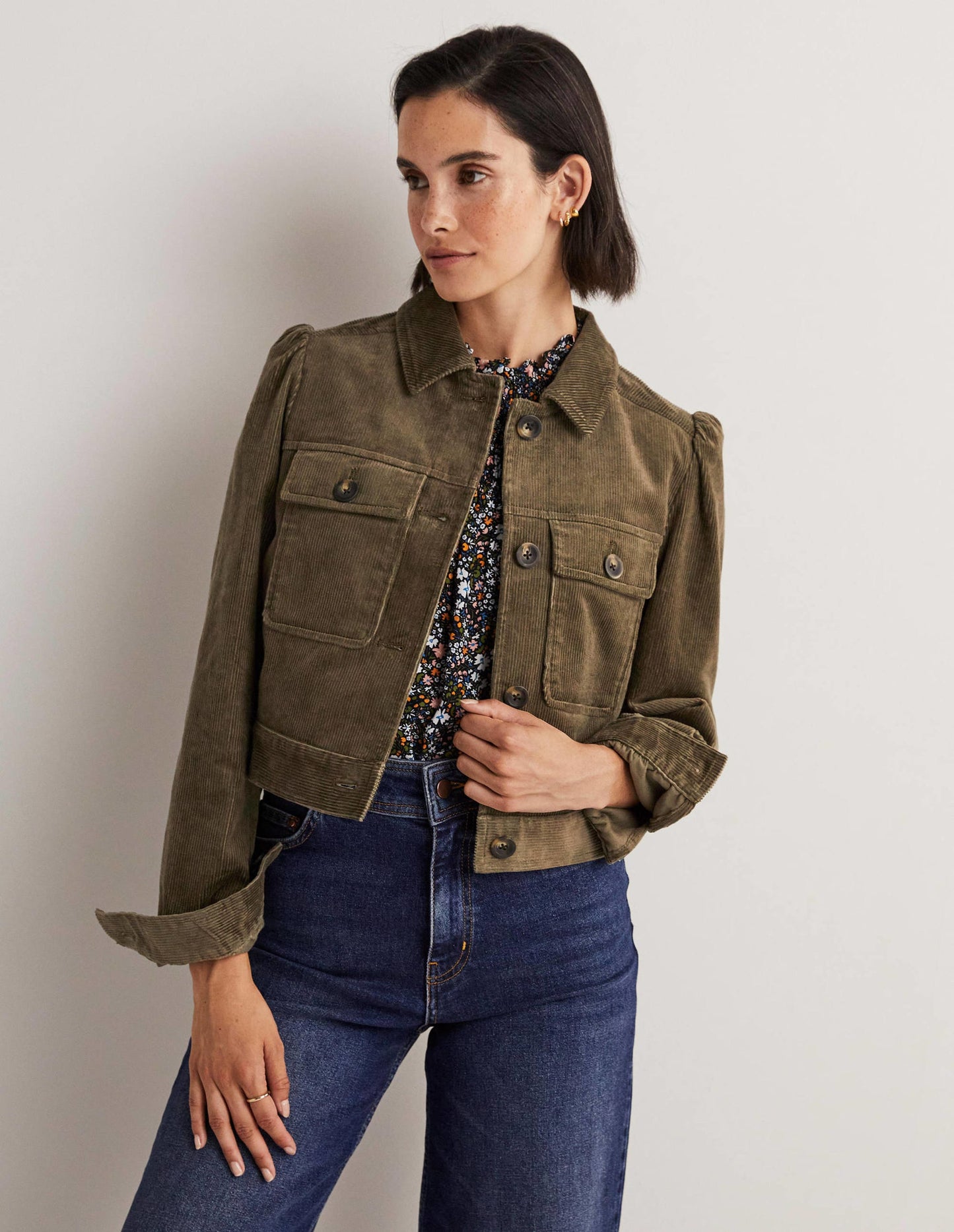 Cropped Cord Jacket-Khaki
