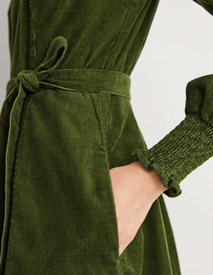 Smocked Cuff Corduroy Dress-Kale-2