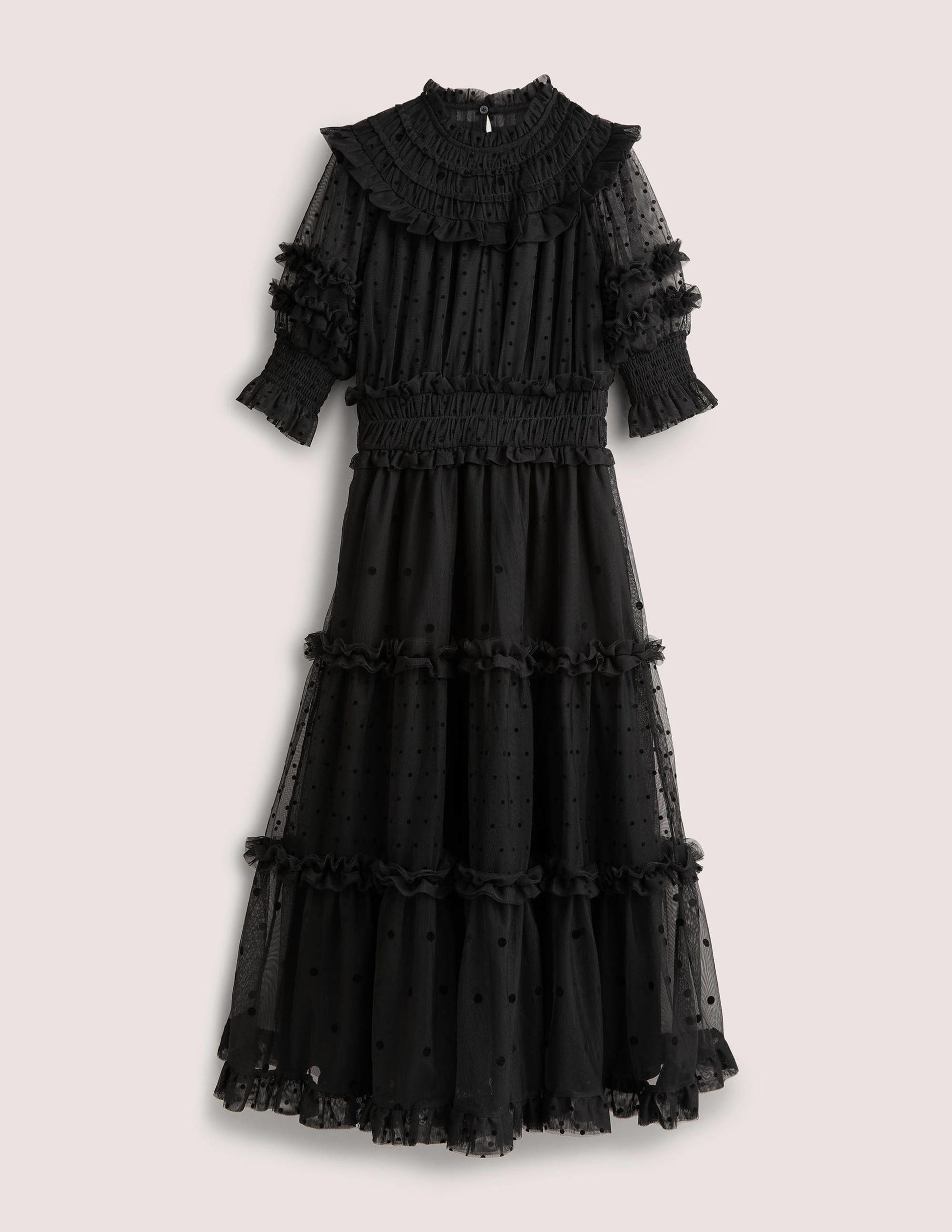 Black Polka Dot Tulle Midi Dress-Black-7