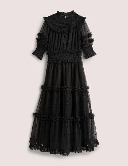 Black Polka Dot Tulle Midi Dress-Black-7