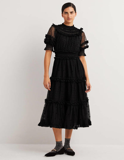 Black Polka Dot Tulle Midi Dress-Black-1