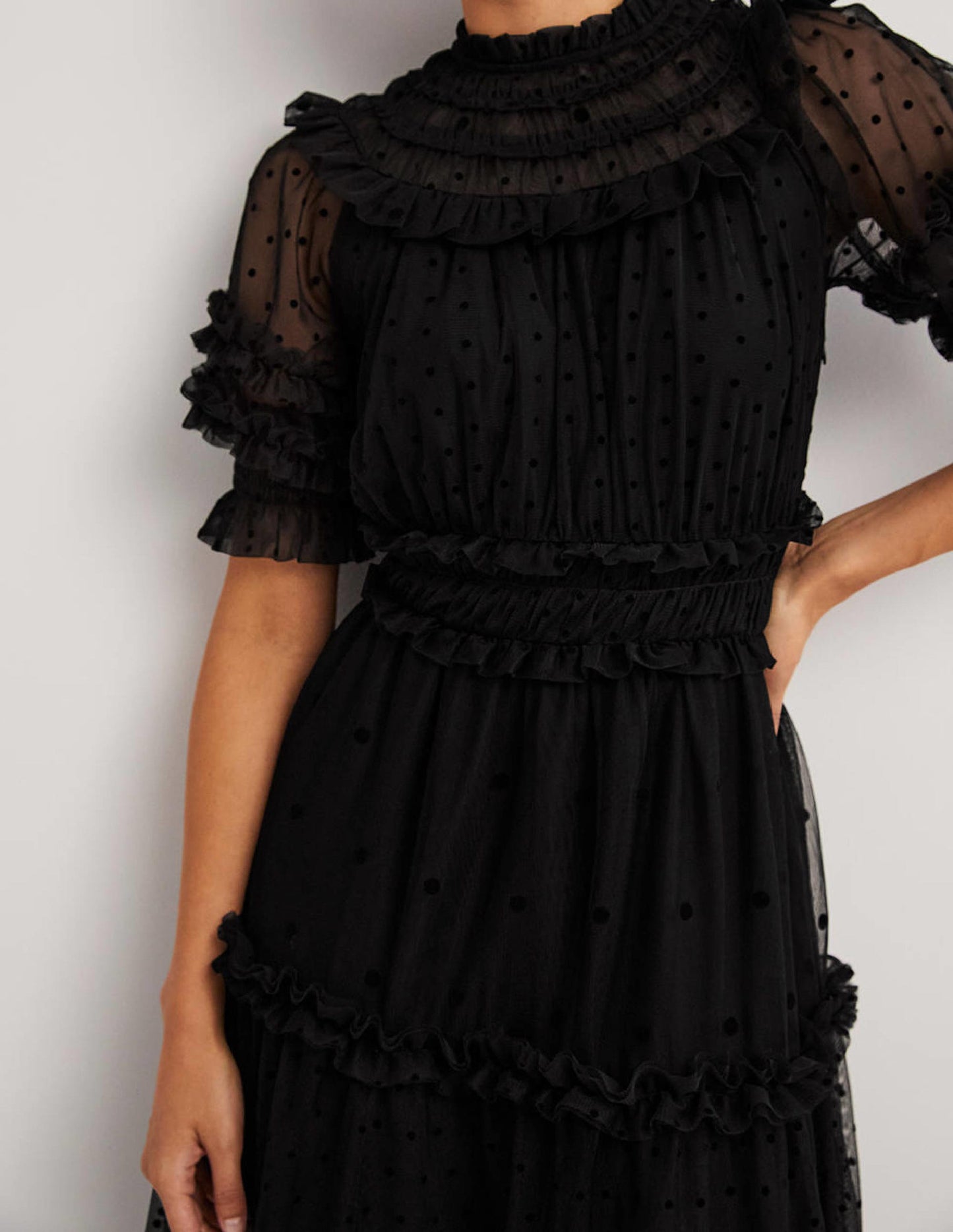 Black Polka Dot Tulle Midi Dress-Black