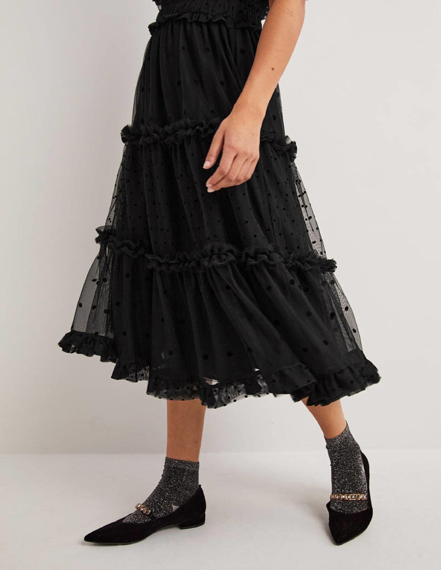 Black Polka Dot Tulle Midi Dress-Black