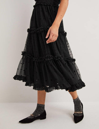 Black Polka Dot Tulle Midi Dress-Black-5