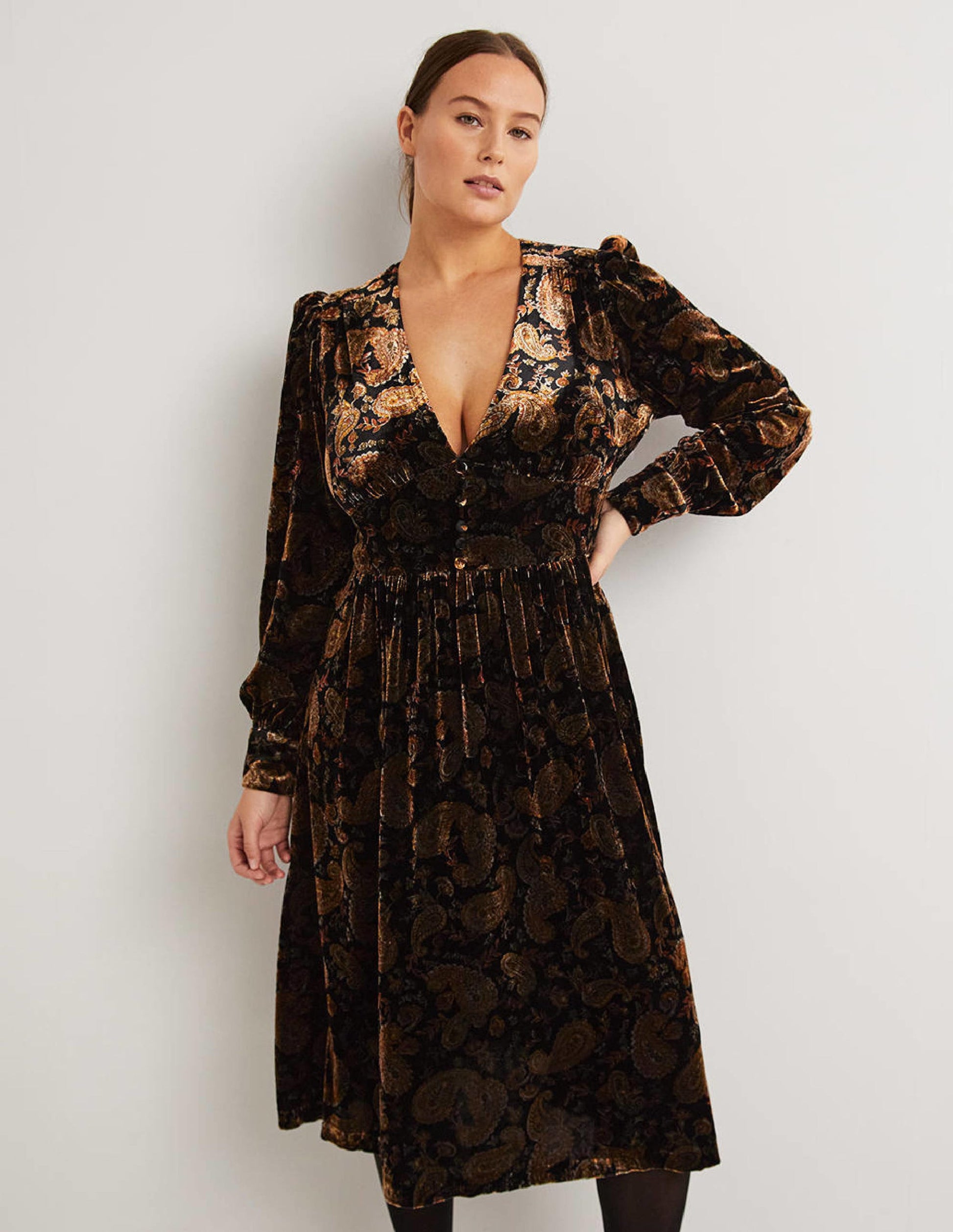 Black Paisley Velvet Midi Party Dress-Black, Paisley Passion-1