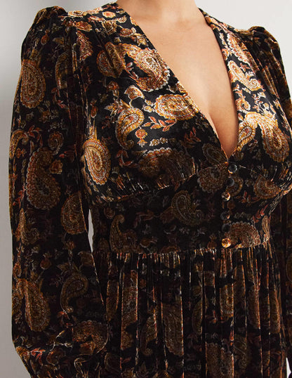 Black Paisley Velvet Midi Party Dress-Black, Paisley Passion-2