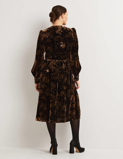 Black Paisley Velvet Midi Party Dress-Black, Paisley Passion-3