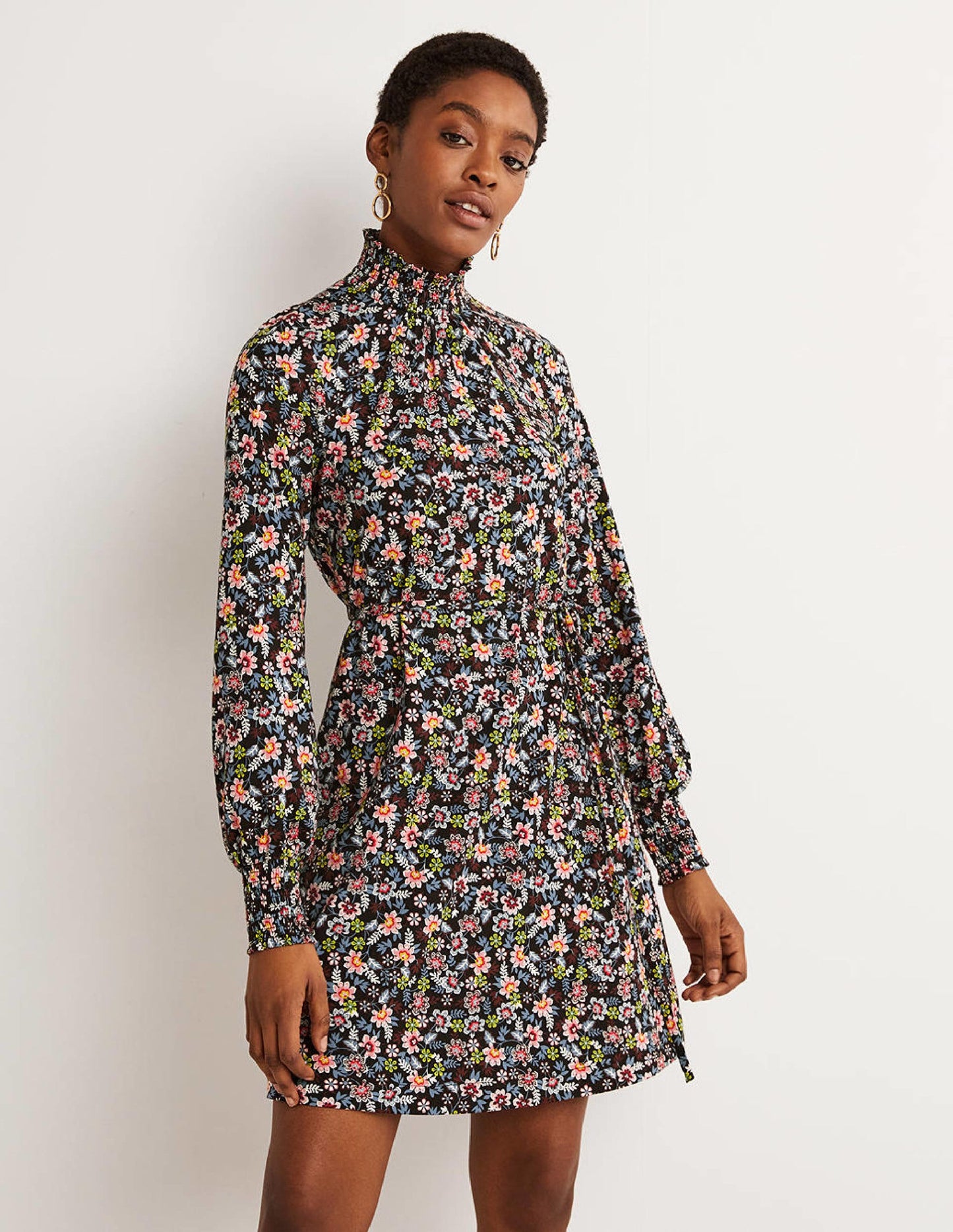 Black Floral High-Neck Shift Dress-Black, Opulent Leaf