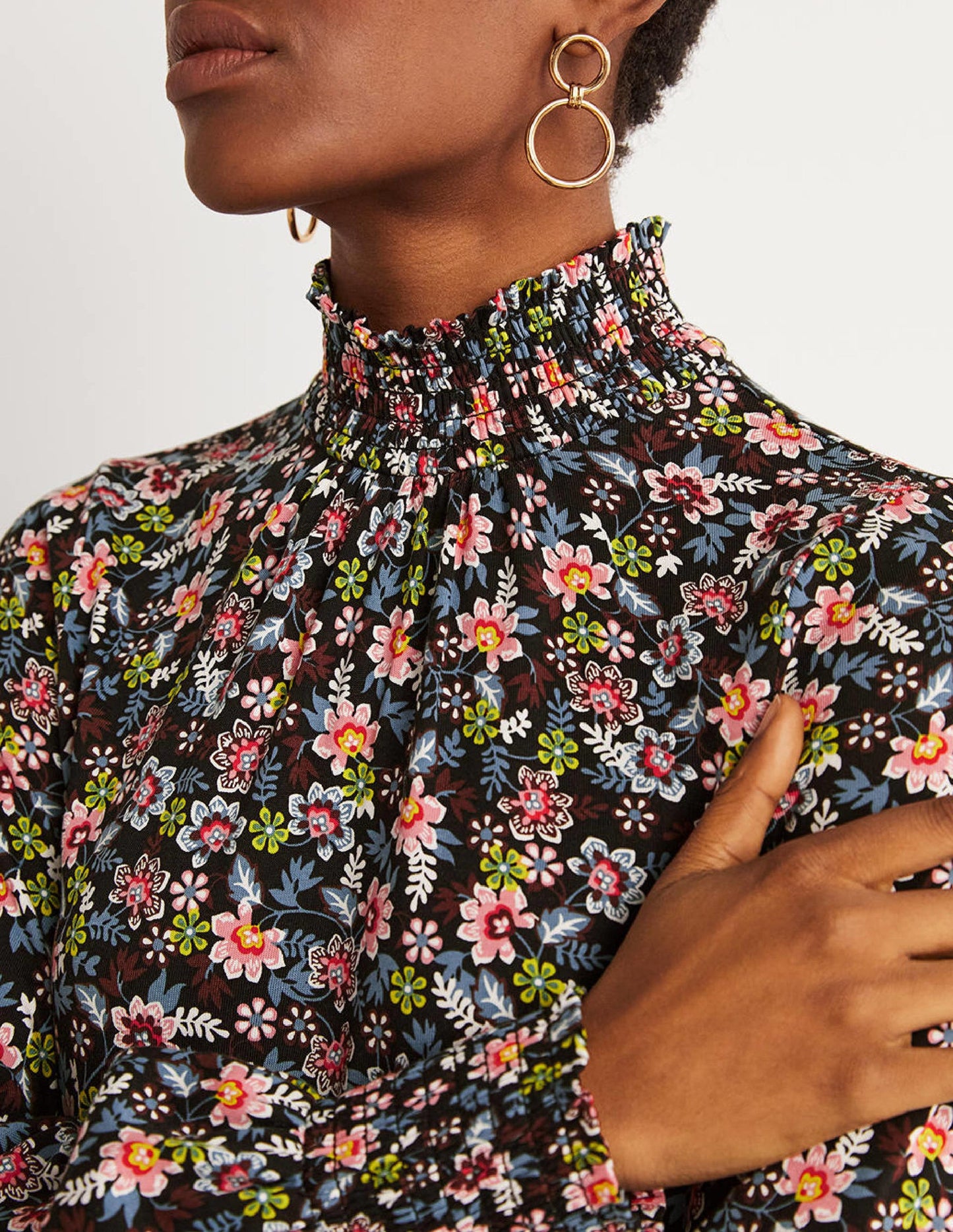 Black Floral High-Neck Shift Dress-Black, Opulent Leaf