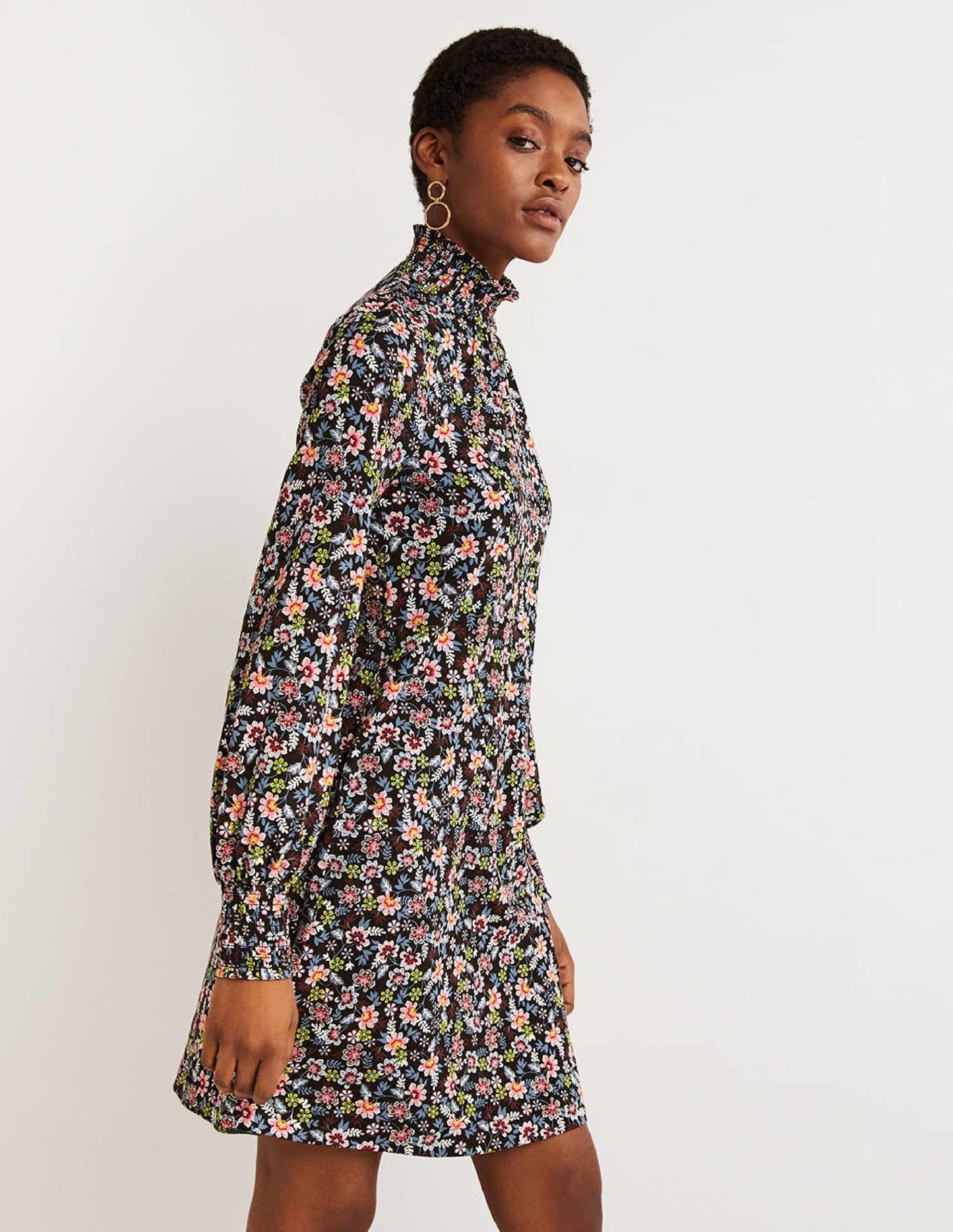 Black Floral High-Neck Shift Dress-Black, Opulent Leaf