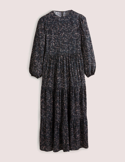 Crew Neck Tiered Dress-Navy, Abstract Blossom-7