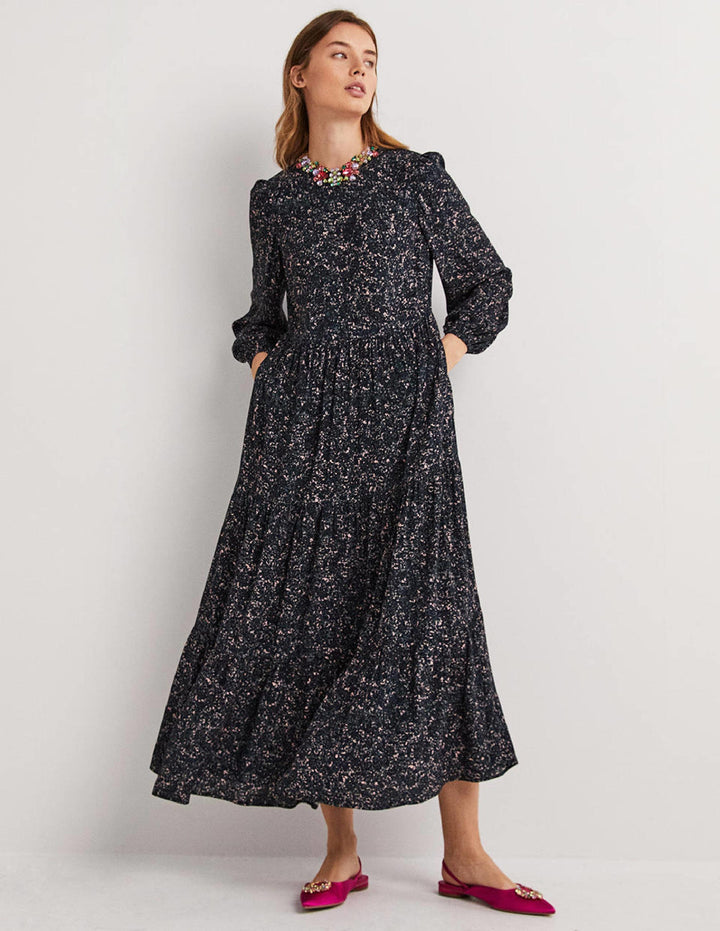 Crew Neck Tiered Dress-Navy, Abstract Blossom