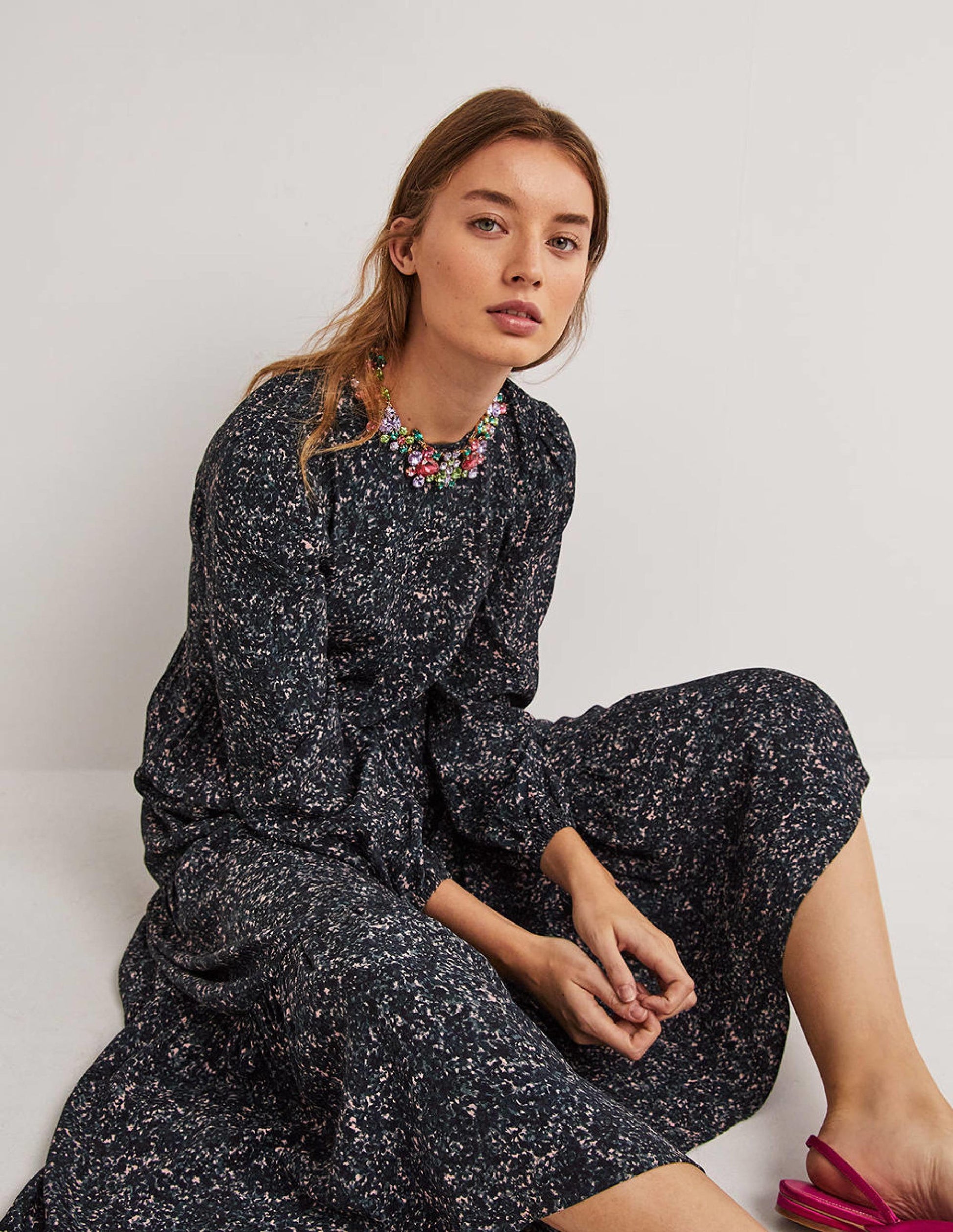 Crew Neck Tiered Dress-Navy, Abstract Blossom-2