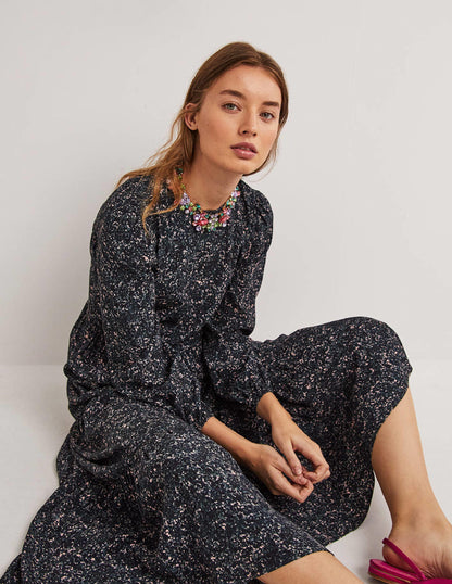 Crew Neck Tiered Dress-Navy, Abstract Blossom-2