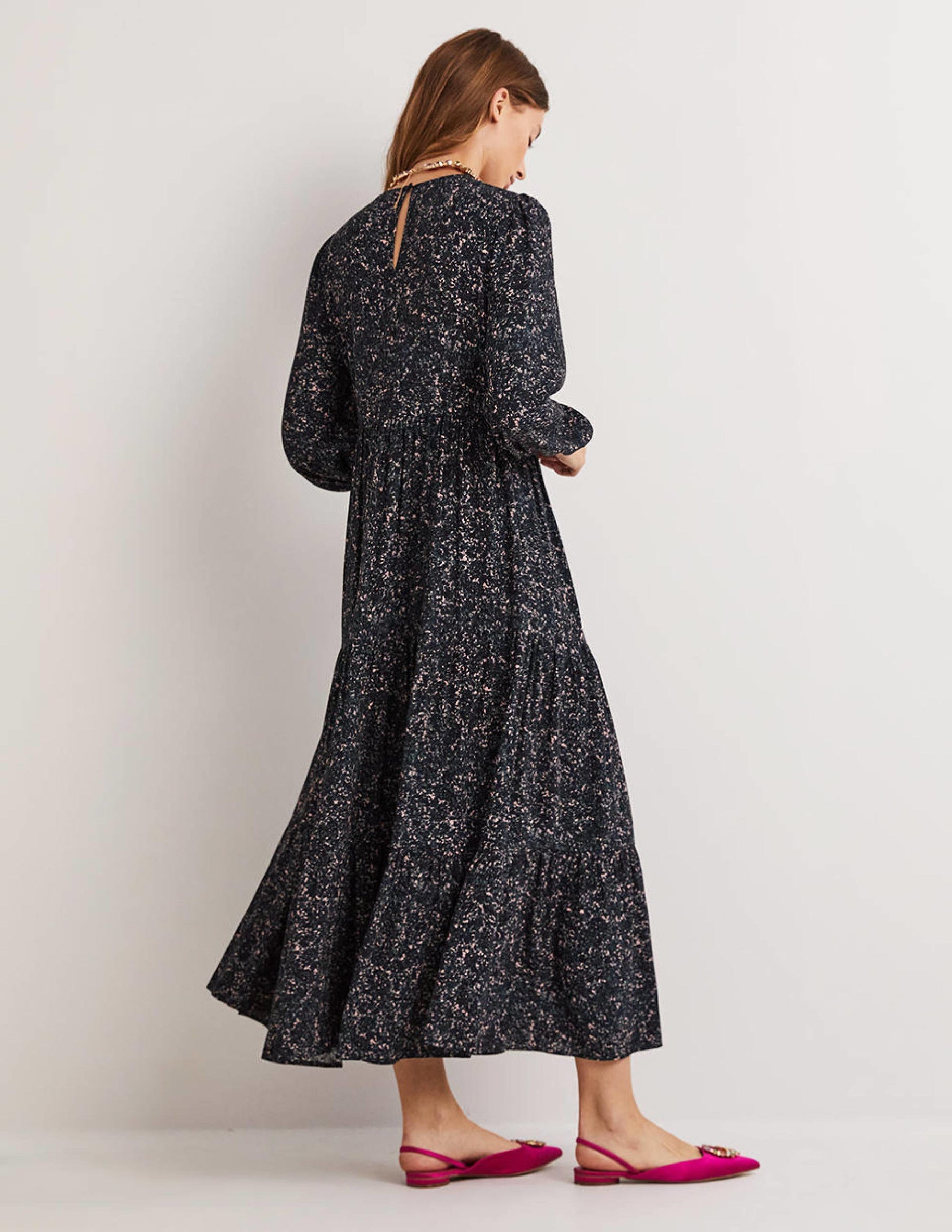 Crew Neck Tiered Dress-Navy, Abstract Blossom-4