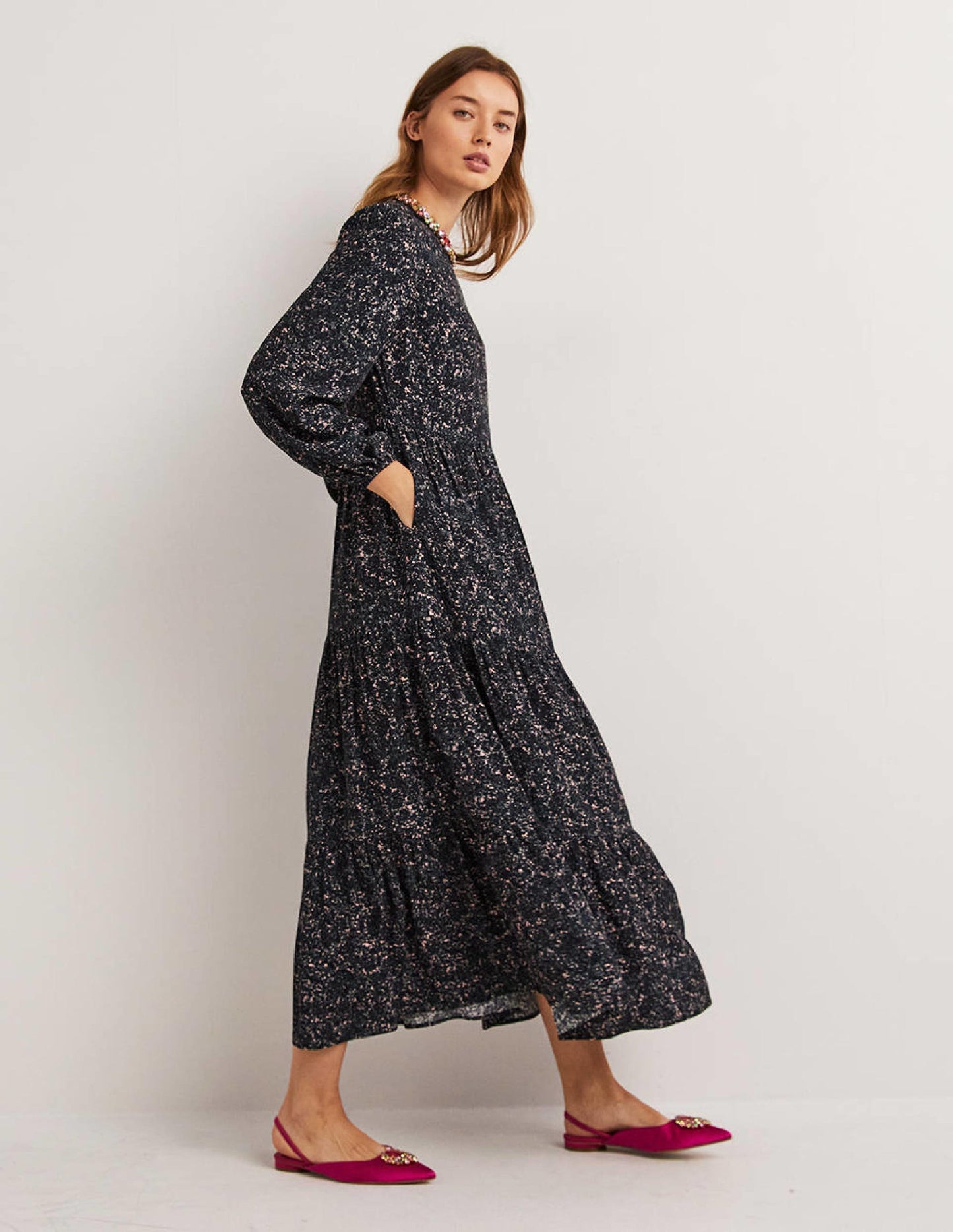 Crew Neck Tiered Dress-Navy, Abstract Blossom