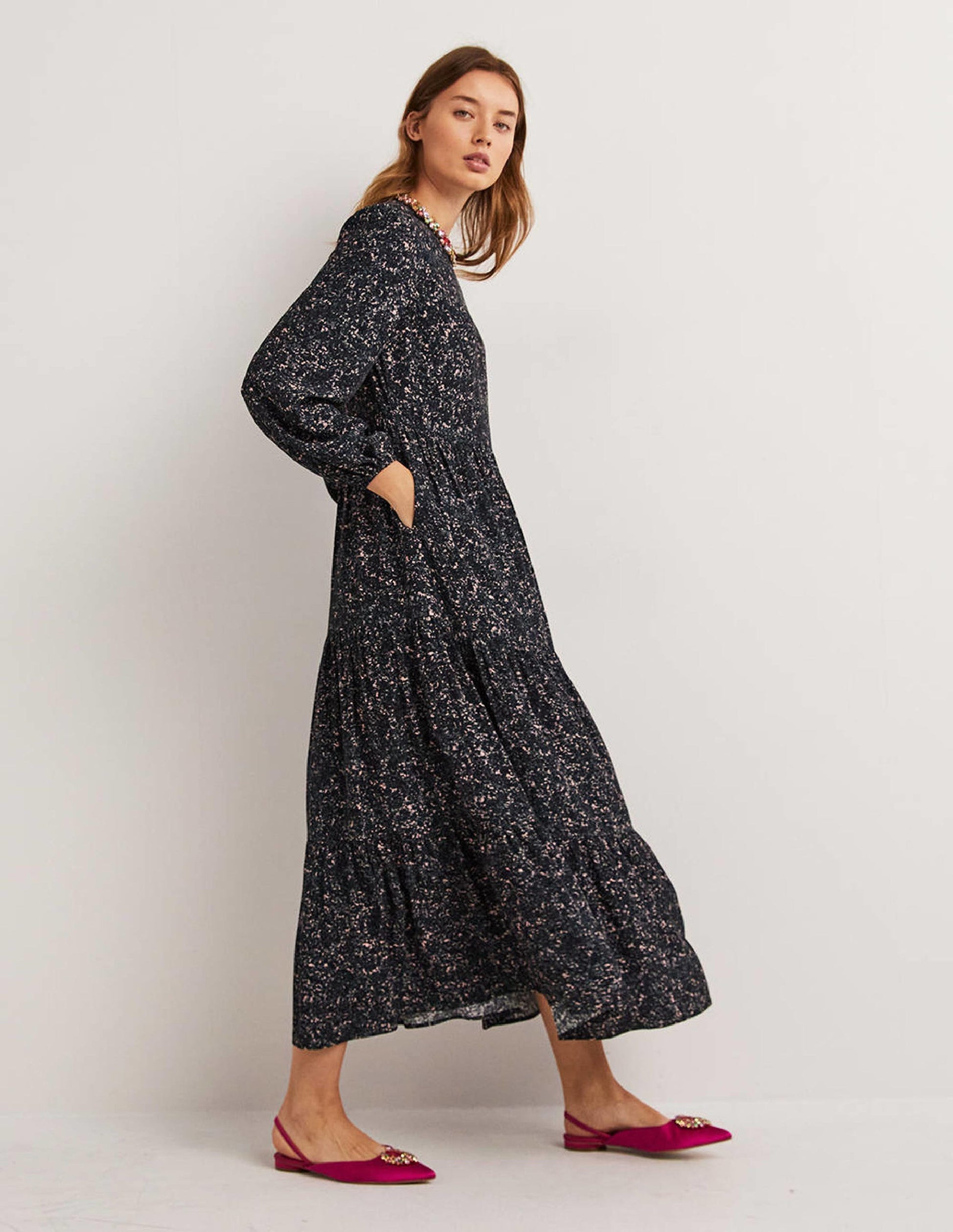 Crew Neck Tiered Dress-Navy, Abstract Blossom-6