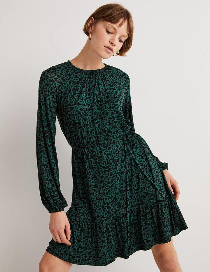 Crew Neck Jersey Mini Dress-Hunter Green, Meadow Sprig