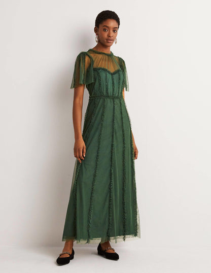 Tulle Maxi Ruffle Party Dress-Trekking Green-2