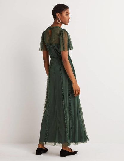 Tulle Maxi Ruffle Party Dress-Trekking Green-4