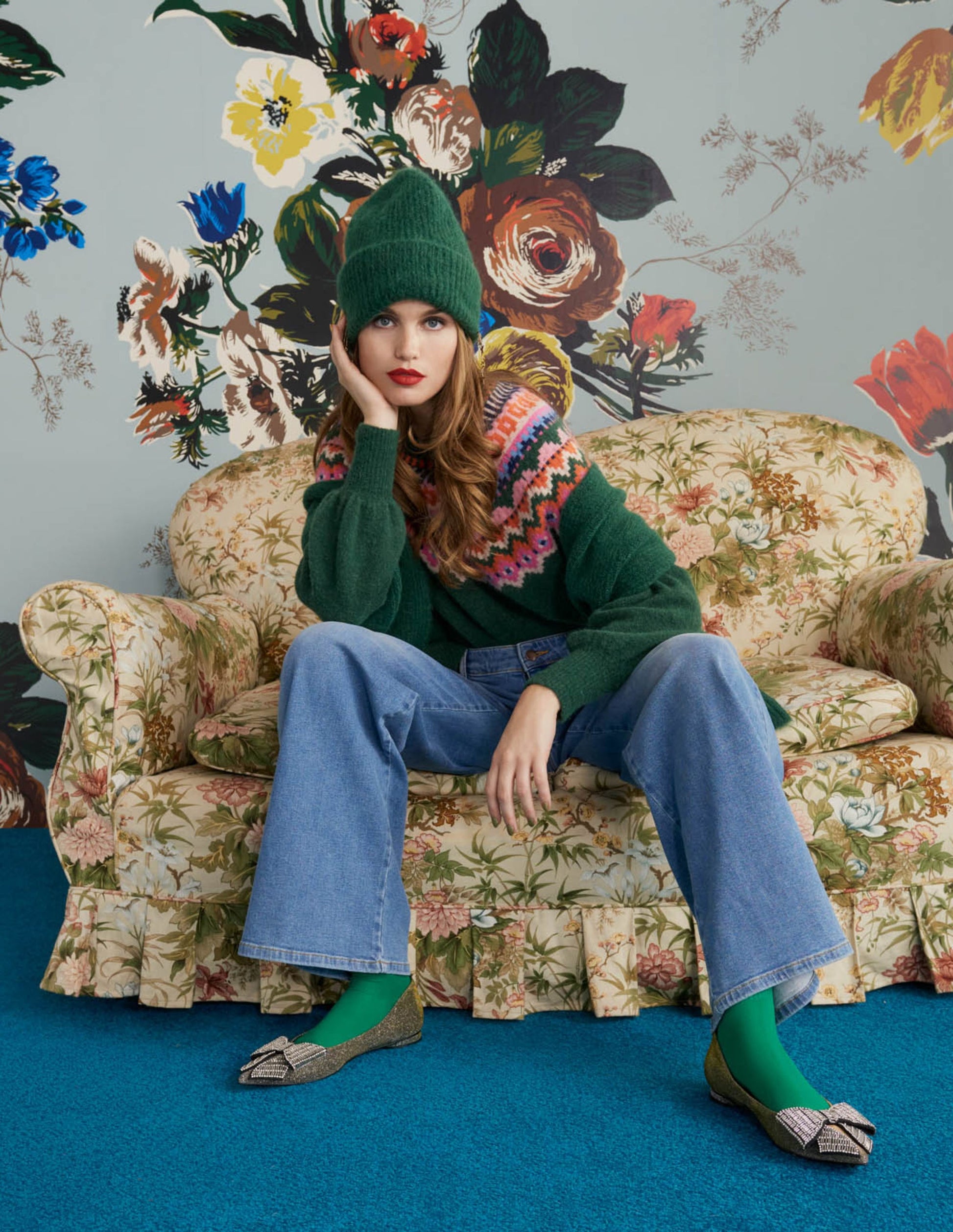 Blouson Sleeve Fluffy Jumper-Hunter Green, Fair Isle-6