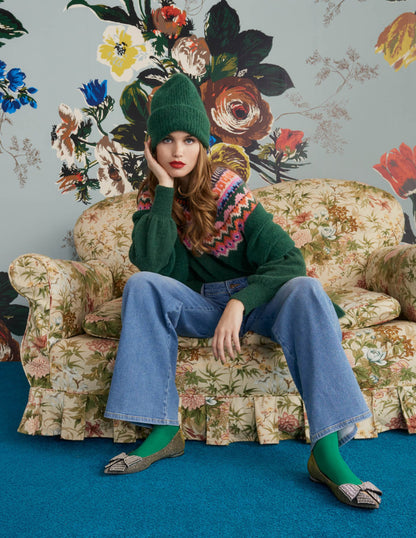 Blouson Sleeve Fluffy Jumper-Hunter Green, Fair Isle-6